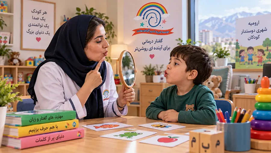 جلسه تمرین تنفس و کنترل لکنت زبان کودک در مرکز گفتاردرمانی مؤسسه خیریه شمیم گلهای بهشت ارومیه